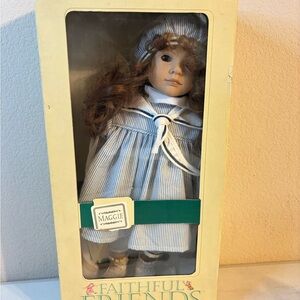 Porcelain Doll in Blue Striped Outfit